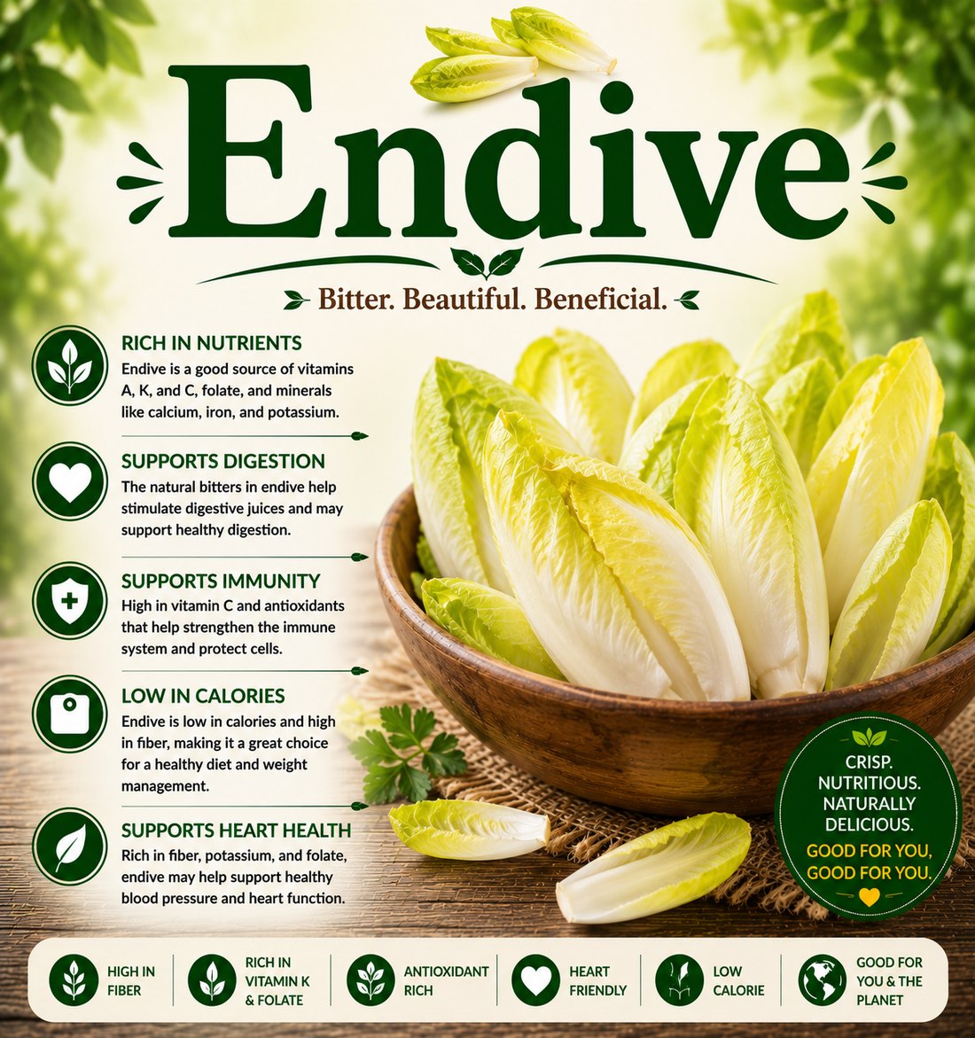 Fresh endive leaves showcasing their fiber, vitamins, antioxidants, crisp texture, and wellness-supporting nutritional benefits.