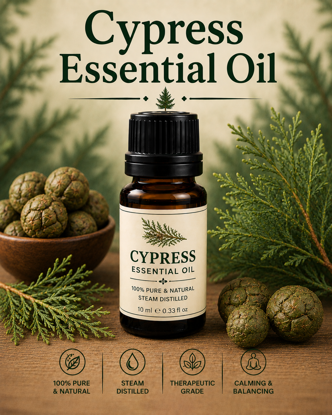 Cypress essential oil bottle with cypress branches and cones showcasing its fresh woody aroma, natural aromatic compounds, aromatherapy applications, and wellness-supporting benefits.