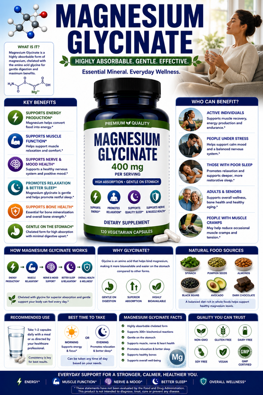 Magnesium Glycinate supplement capsules supporting relaxation, sleep quality, muscle function, heart health, and healthy aging.