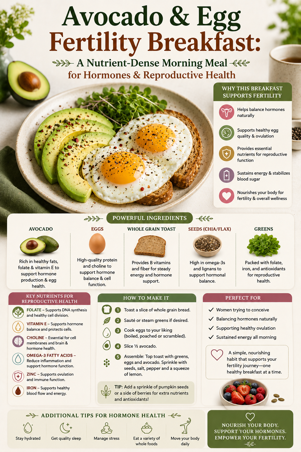 Avocado toast with sunny-side up eggs sautéed spinach and olive oil drizzle on a plate for natural fertility nutrition
