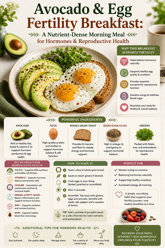 Avocado toast with sunny-side up eggs sautéed spinach and olive oil drizzle on a plate for natural fertility nutrition