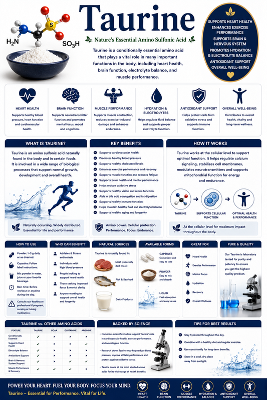Taurine supplement capsules supporting heart health, hydration, exercise performance, brain function, and overall wellness.
