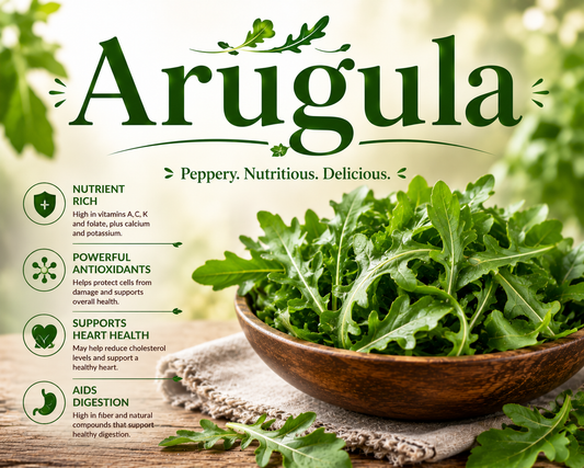Fresh arugula leaves showcasing their vitamin-rich nutrition, antioxidants, leafy green benefits, and wellness-supporting properties.