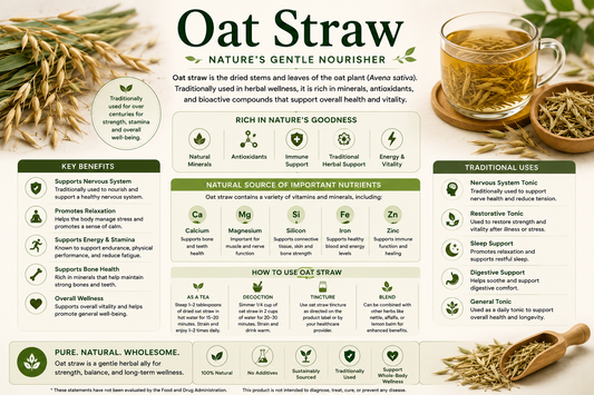 Oat Straw tea, dried oat straw, and Oat Straw capsules supporting relaxation, cognitive wellness, nervous system health, and healthy aging.