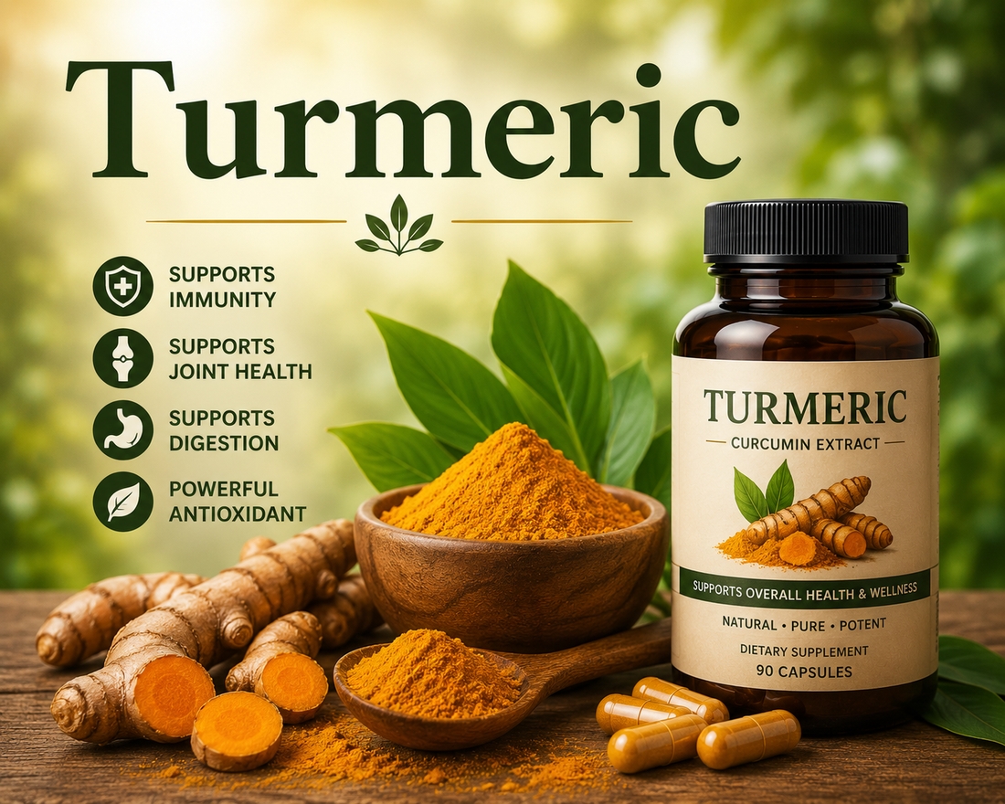 Turmeric root and turmeric supplement capsules supporting joint health, antioxidant protection, digestion, and overall wellness.