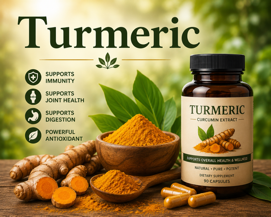 Turmeric root and turmeric supplement capsules supporting joint health, antioxidant protection, digestion, and overall wellness.