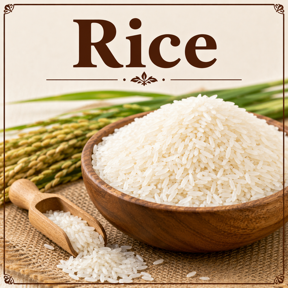 Cooked rice and rice grains showcasing their complex carbohydrates, vitamins, minerals, energy-supporting nutrients, and wellness benefits.