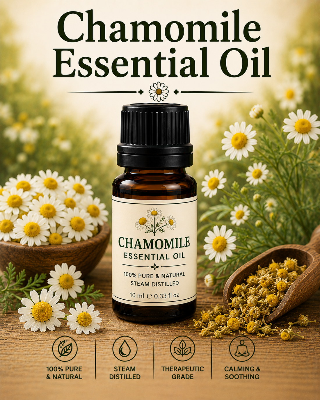 Chamomile essential oil bottle with chamomile flowers showcasing its soothing aroma, natural aromatic compounds, aromatherapy applications, and wellness-supporting benefits.