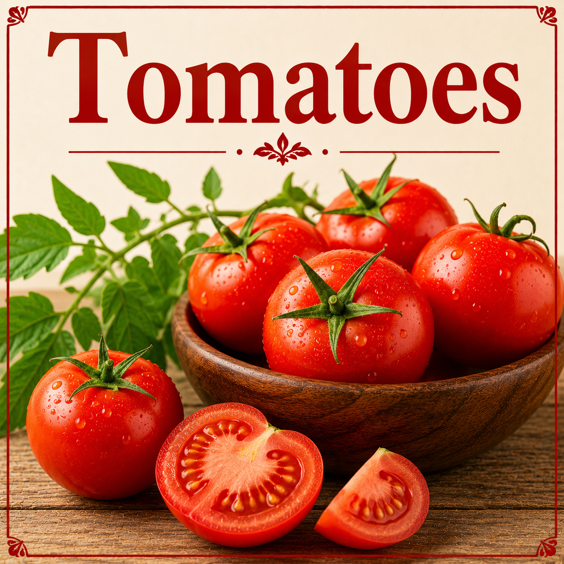 Fresh ripe tomatoes showcasing their lycopene, vitamin C, antioxidants, fiber, minerals, and wellness-supporting nutritional benefits