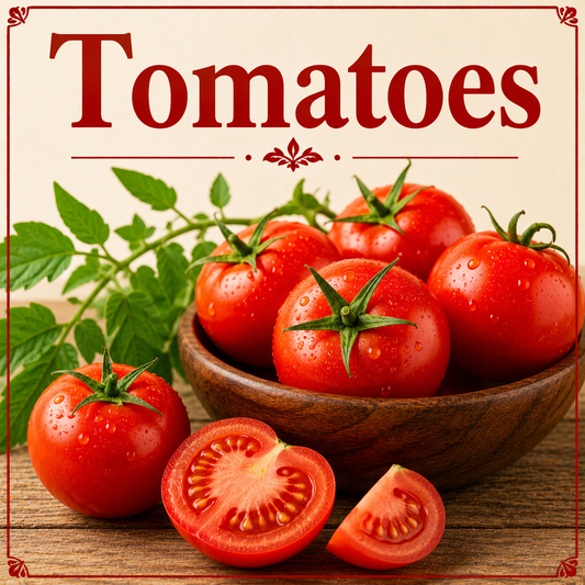 Fresh ripe tomatoes showcasing their lycopene, vitamin C, antioxidants, fiber, minerals, and wellness-supporting nutritional benefits