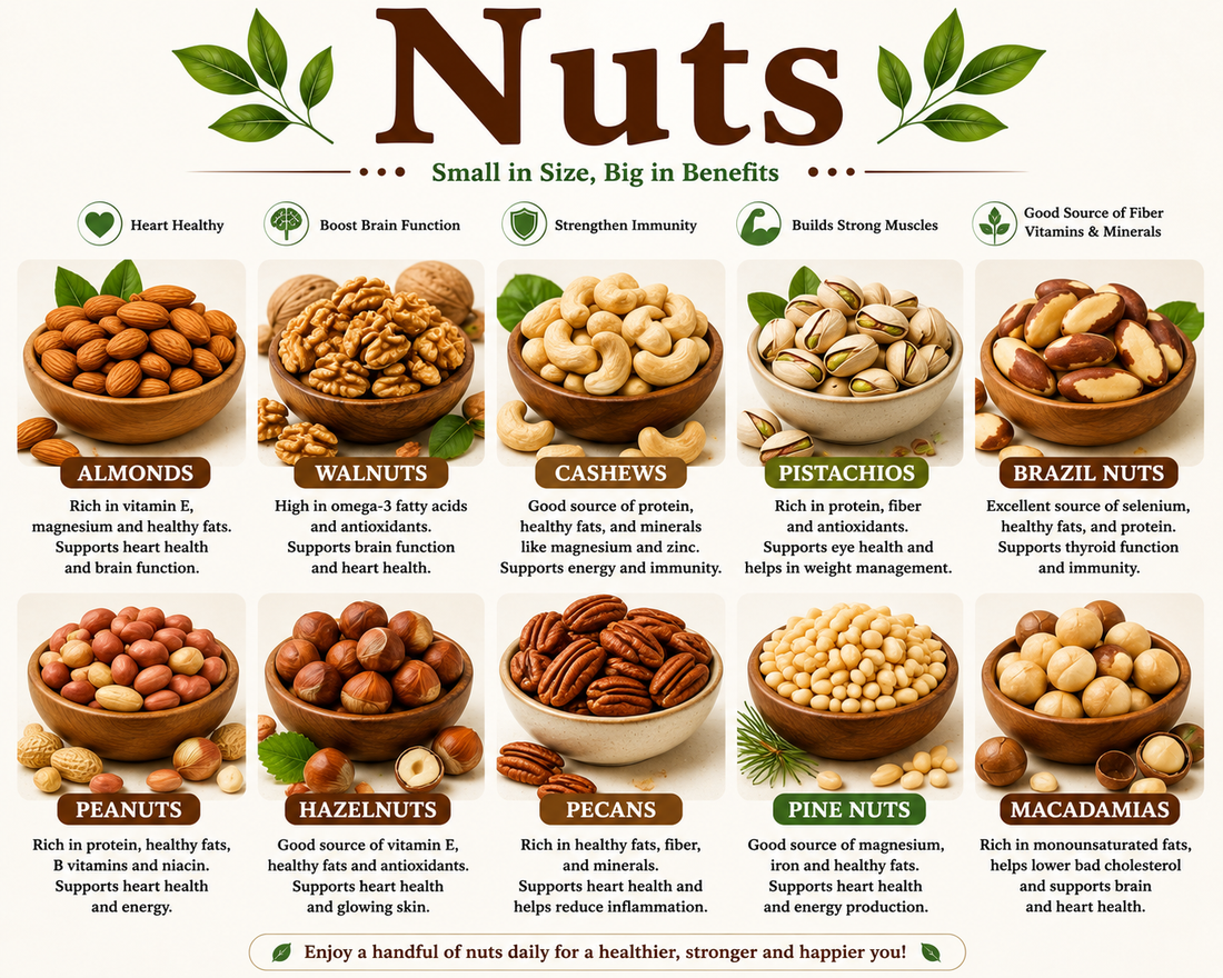 Assorted healthy nuts including almonds, walnuts, pistachios, cashews, pecans, Brazil nuts, hazelnuts, and macadamia nuts displayed in bowls, highlighting their healthy fats, protein, fiber, vitamins, minerals, and wellness benefits.