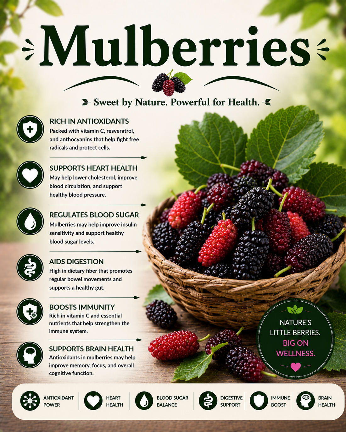 Fresh mulberries showcasing their vitamin C, fiber, antioxidants, anthocyanins, and wellness-supporting nutritional benefits.