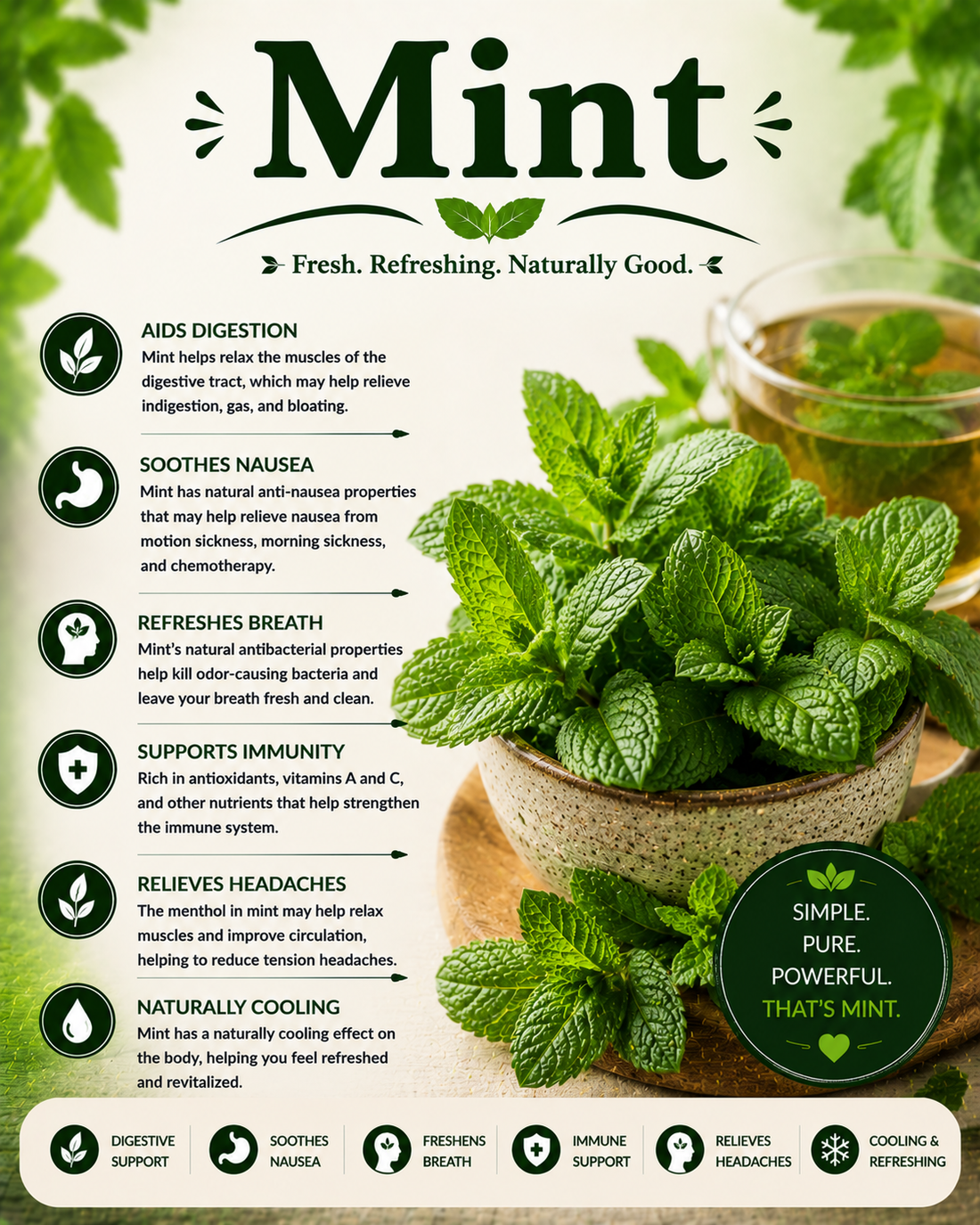 Fresh mint leaves showcasing their menthol compounds, antioxidants, refreshing aroma, and wellness-supporting nutritional properties.
