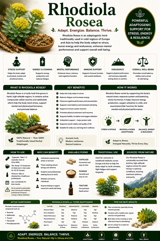 Rhodiola Rosea root, capsules, and herbal supplements supporting stress management, energy production, mental performance, and endurance.