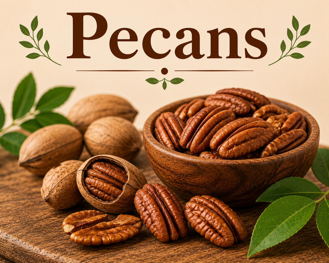 Fresh pecans showcasing their healthy fats, fiber, antioxidants, vitamins, minerals, and wellness-supporting nutritional benefits.