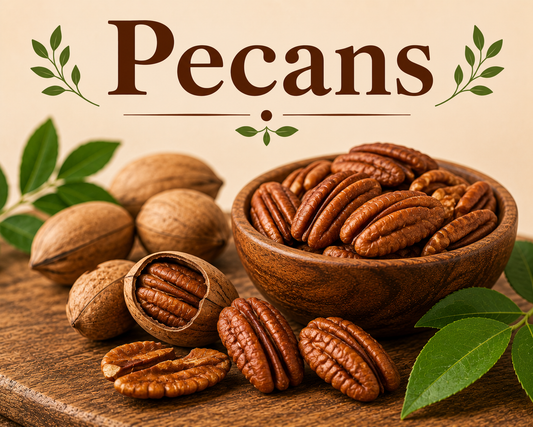 Fresh pecans showcasing their healthy fats, fiber, antioxidants, vitamins, minerals, and wellness-supporting nutritional benefits.