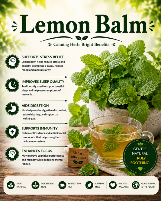 Fresh lemon balm leaves showcasing their antioxidants, aromatic compounds, herbal tea uses, and wellness-supporting nutritional properties.