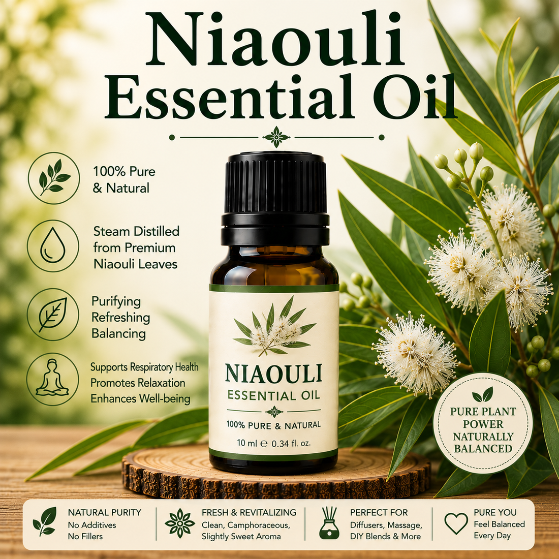 Niaouli essential oil bottle with fresh niaouli leaves showcasing its clean camphoraceous aroma, natural aromatic compounds, aromatherapy applications, and wellness-supporting benefits