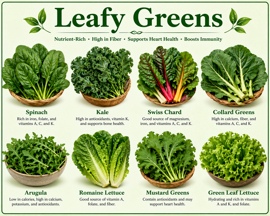 Fresh assortment of leafy green vegetables including spinach, kale, Swiss chard, collard greens, romaine lettuce, and arugula, highlighting their vitamins, minerals, fiber, antioxidants, and wellness benefits.