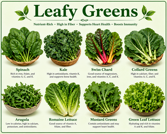 Fresh assortment of leafy green vegetables including spinach, kale, Swiss chard, collard greens, romaine lettuce, and arugula, highlighting their vitamins, minerals, fiber, antioxidants, and wellness benefits.
