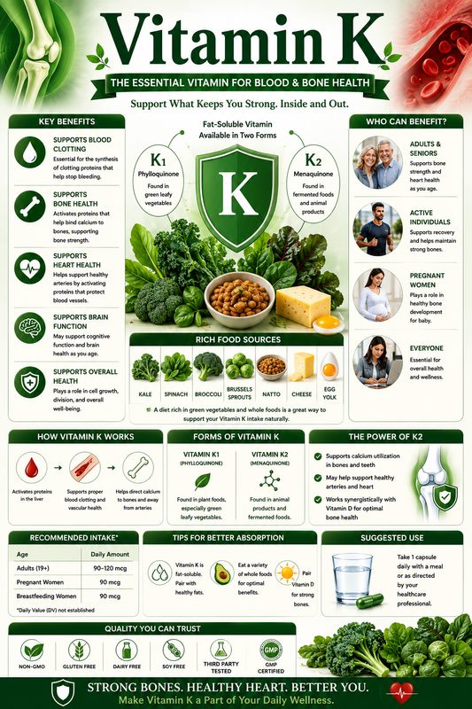 Vitamin K supplement capsules with leafy green vegetables supporting bone health, blood clotting, cardiovascular wellness, and healthy aging.