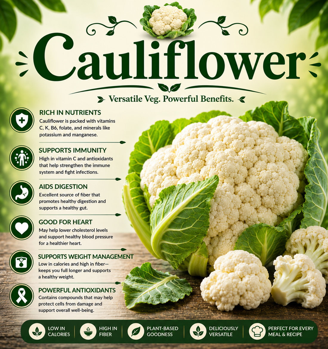 Fresh cauliflower heads showcasing their fiber, vitamin C, antioxidants, cruciferous vegetable benefits, and wellness-supporting nutritional properties.