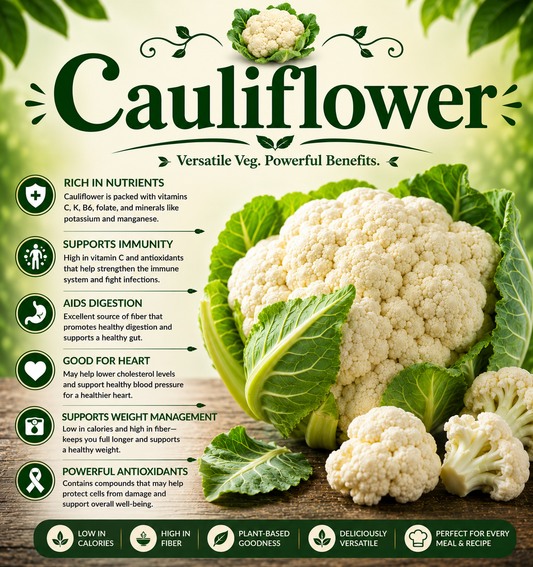 Fresh cauliflower heads showcasing their fiber, vitamin C, antioxidants, cruciferous vegetable benefits, and wellness-supporting nutritional properties.