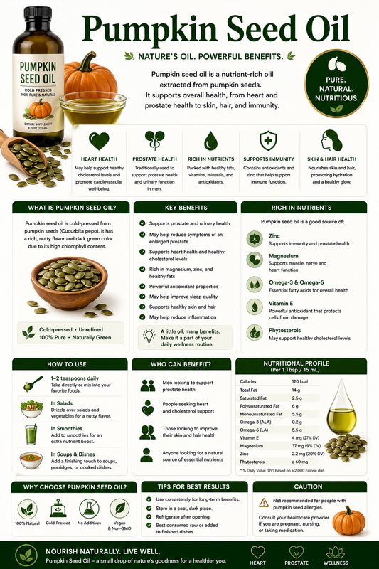 Pumpkin Seed Oil softgels and pumpkin seeds supporting prostate health, hair wellness, heart health, urinary wellness, and healthy aging.