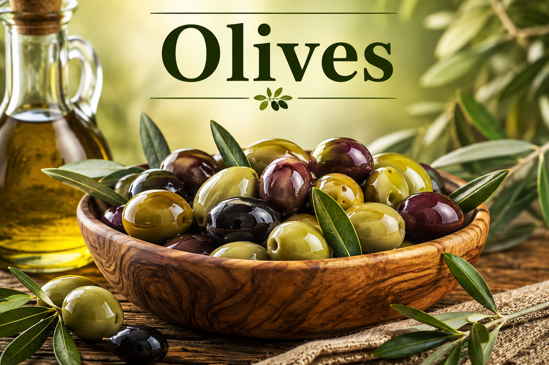 Fresh green and black olives in a wooden bowl with olive leaves, highlighting the nutrition, health benefits, and wellness uses of olives.