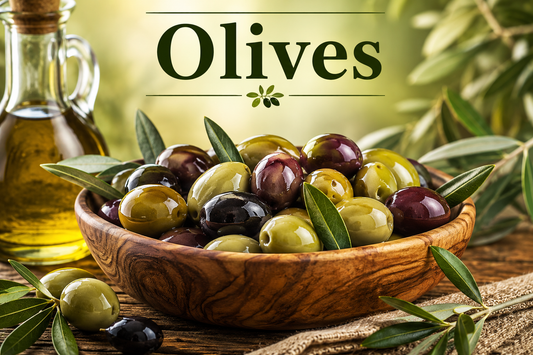 Fresh green and black olives in a wooden bowl with olive leaves, highlighting the nutrition, health benefits, and wellness uses of olives.