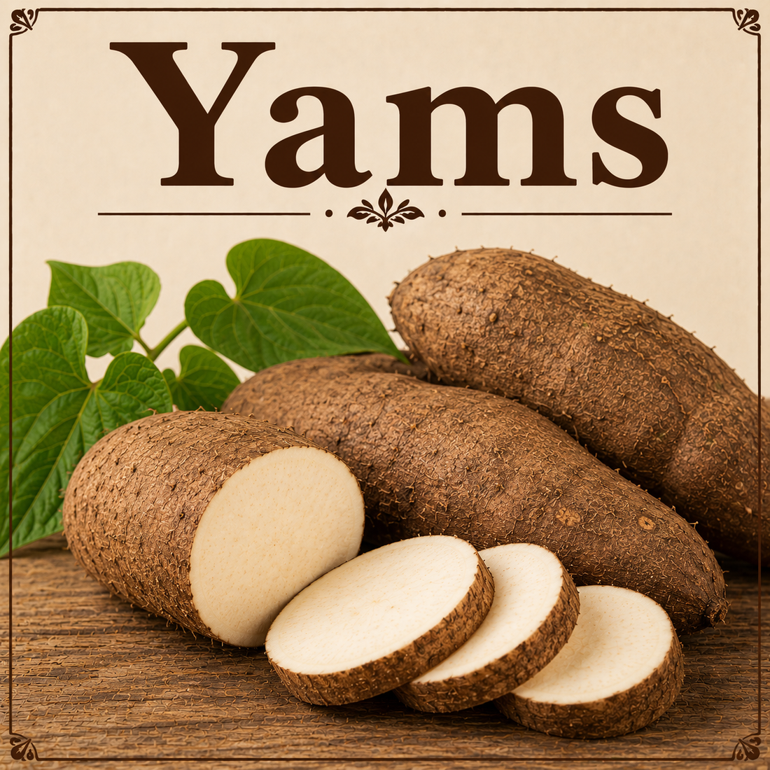 Fresh yams showcasing their complex carbohydrates, fiber, vitamins, minerals, antioxidants, and wellness-supporting nutritional benefits.