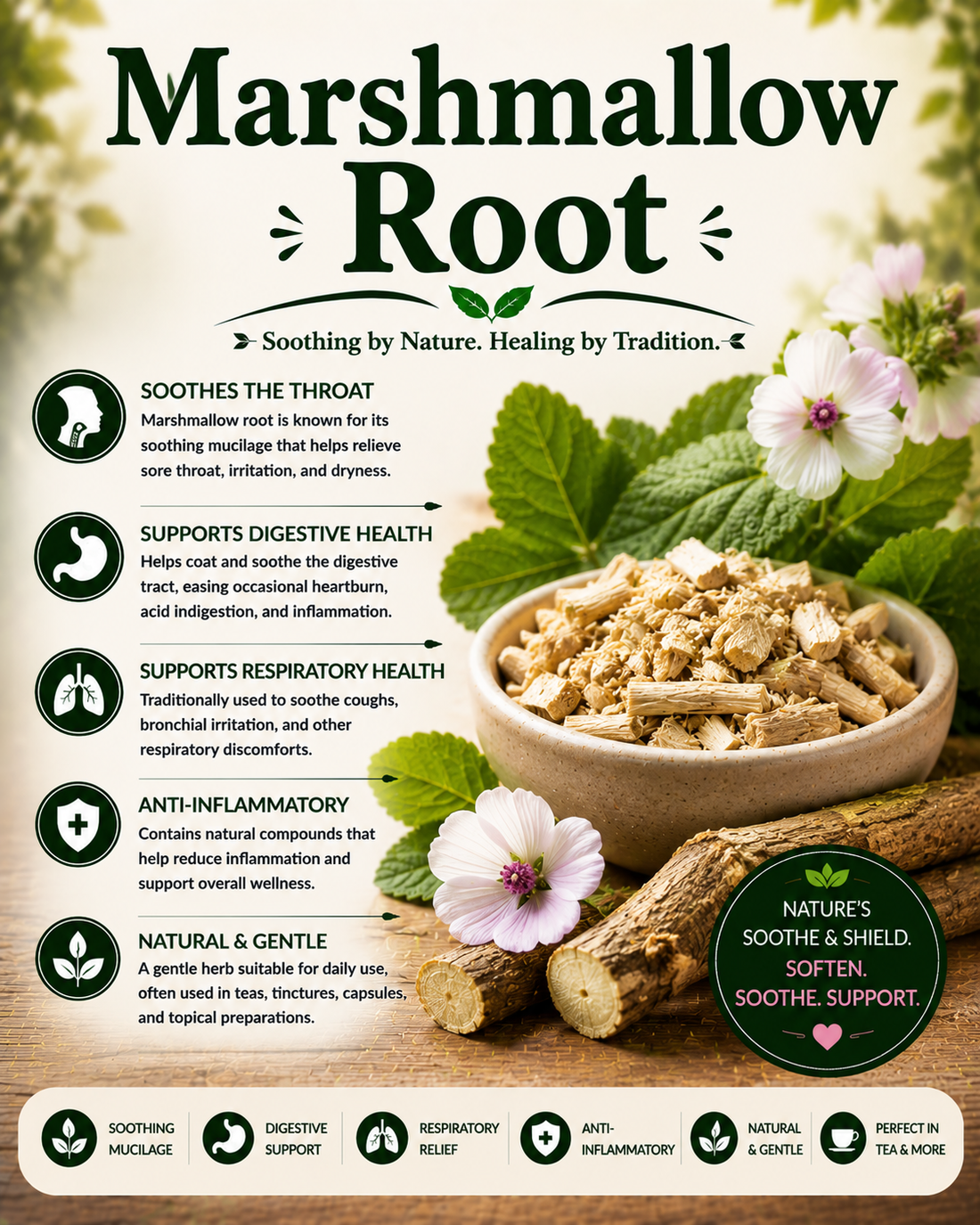 Dried marshmallow root showcasing its natural mucilage, antioxidants, traditional herbal uses, and wellness-supporting botanical compounds.