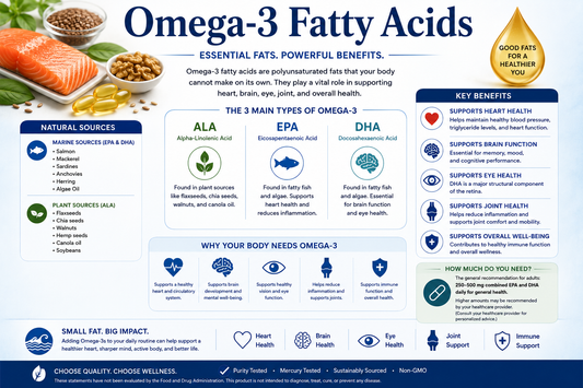 Omega-3 fatty acid supplement softgels with fish, flaxseeds, and walnuts supporting heart health, brain function, and healthy aging.
