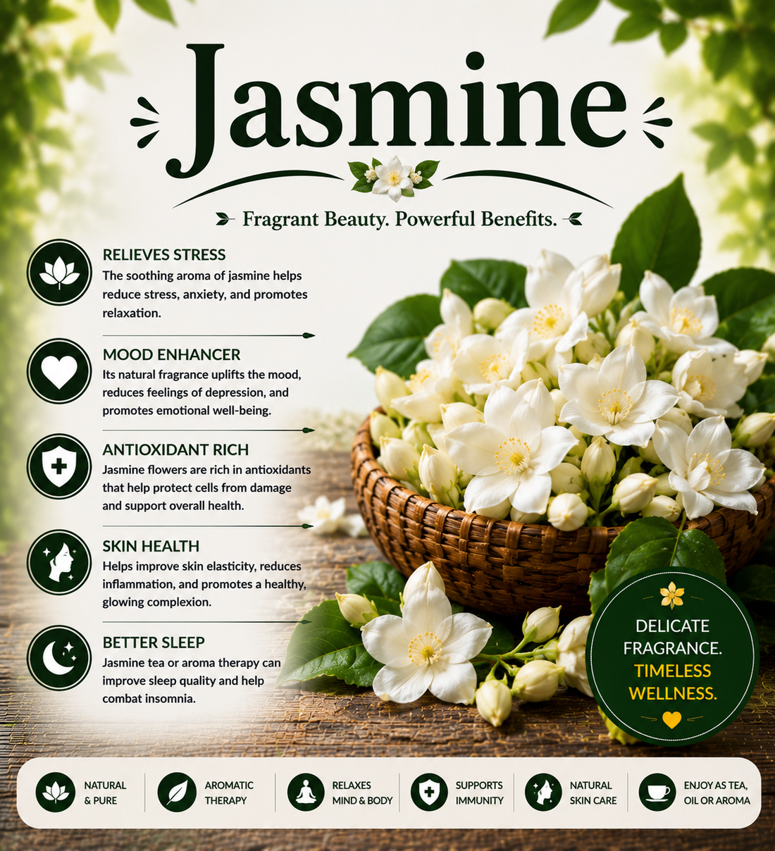 Fresh jasmine flowers showcasing their aromatic compounds, antioxidants, floral beauty, and wellness-supporting traditional uses
