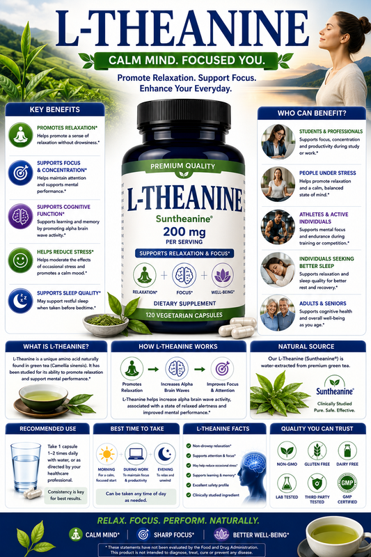 L-Theanine supplement capsules with green tea leaves supporting relaxation, focus, stress management, sleep quality, and healthy aging.