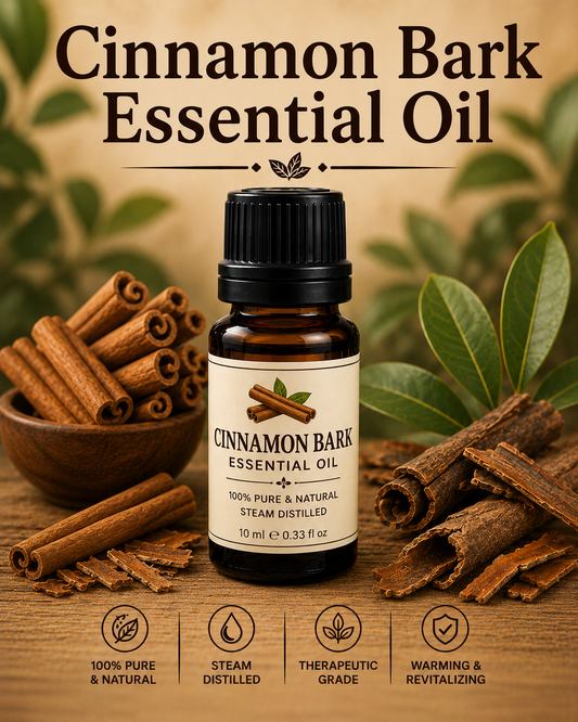 Cinnamon bark essential oil bottle with cinnamon sticks and bark showcasing its warm spicy aroma, natural aromatic compounds, aromatherapy applications, and wellness-supporting benefits.
