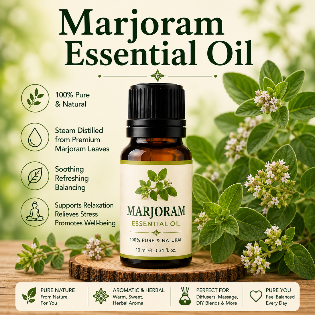 Marjoram essential oil bottle with fresh marjoram herb leaves showcasing its warm herbaceous aroma, natural aromatic compounds, aromatherapy applications, and wellness-supporting benefits.