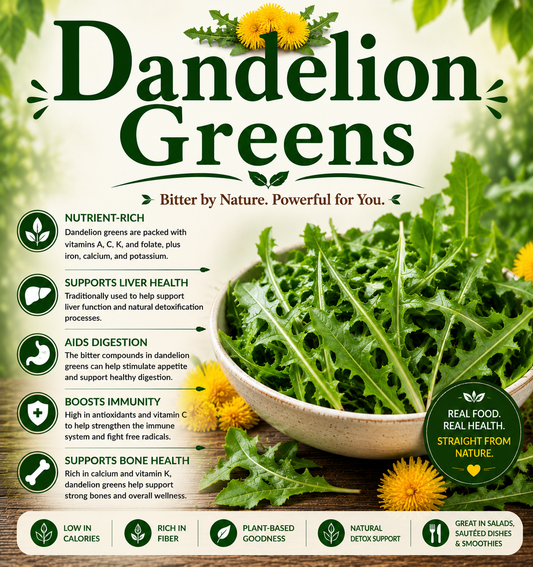 Fresh dandelion greens showcasing their vitamins, minerals, antioxidants, leafy green nutrition, and wellness-supporting health benefits.