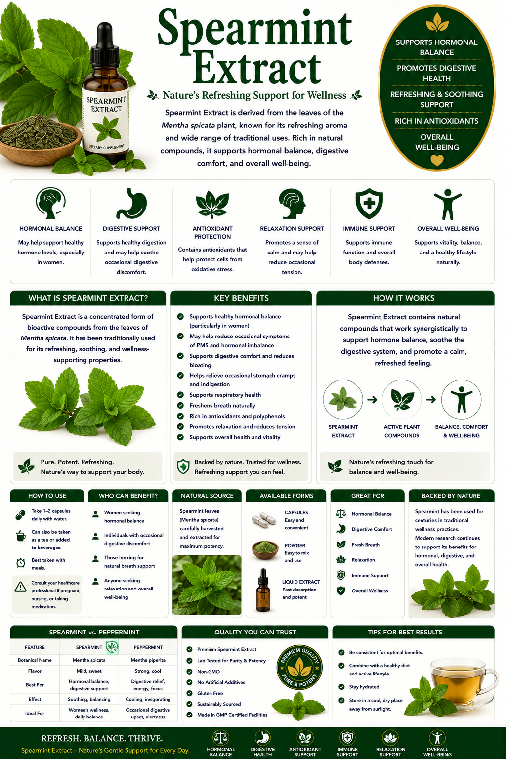Spearmint leaves, spearmint tea, and supplement capsules supporting digestive health, hormonal wellness, cognitive function, and antioxidant protection.