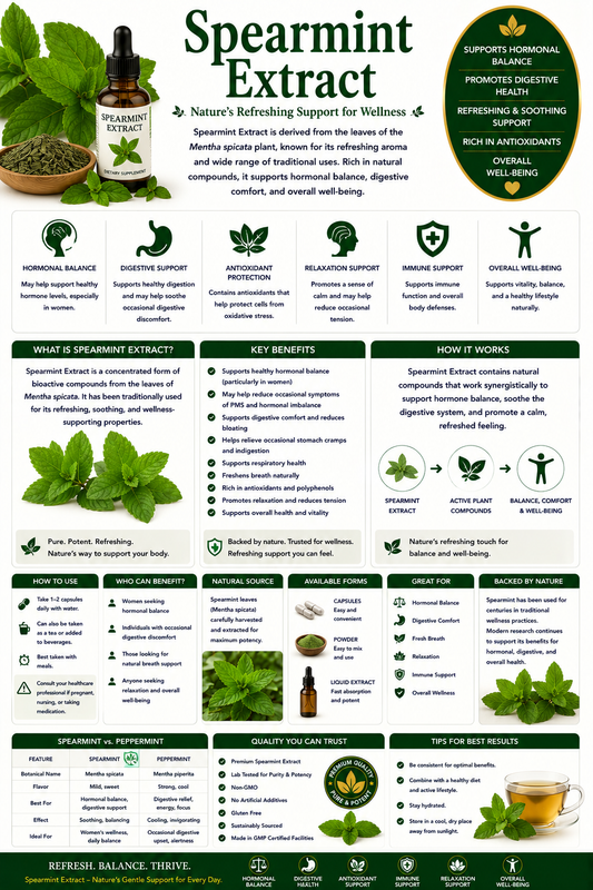 Spearmint leaves, spearmint tea, and supplement capsules supporting digestive health, hormonal wellness, cognitive function, and antioxidant protection.