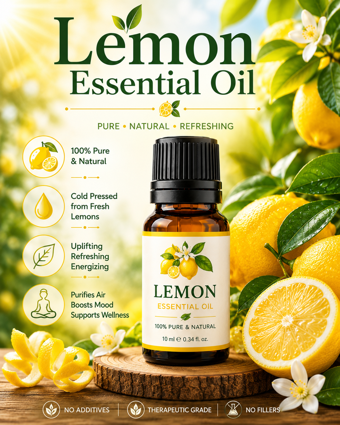 Lemon essential oil bottle with fresh lemons and lemon slices showcasing its bright citrus aroma, natural aromatic compounds, aromatherapy applications, and wellness-supporting benefits.