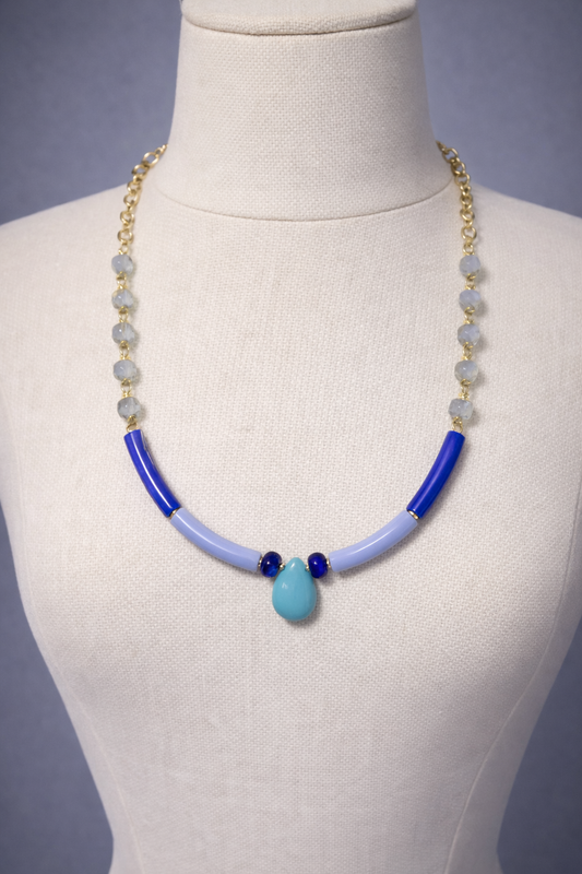 Blue Color-Block Tube Bead Necklace | 18" Handcrafted Gold Chain Necklace with Turquoise Teardrop Pendant & Periwinkle Crystal Beads