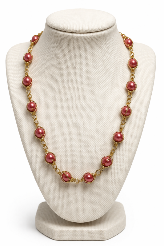 Pink Pearl Wire-Wrapped Cage Necklace & Bracelet Set | 20" Handcrafted Gold Wire Caged 6mm Pearl Bead Statement Set with Toggle Clasp for Women