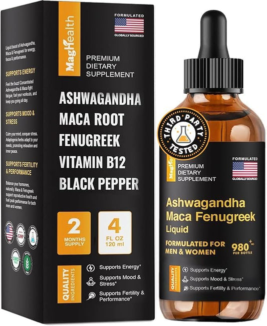 MagHealth Maca Root Liquid Drops with Ashwagandha & Fenugreek – Organic Adaptogen Blend for Energy, Mood & Hormone Support (2 oz, 60-Day Supply)