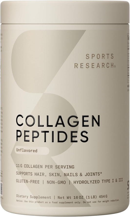Sports Research Collagen Peptides Powder – Hydrolyzed Type I & III Collagen for Skin, Hair, Nails, Joints & Gut Health