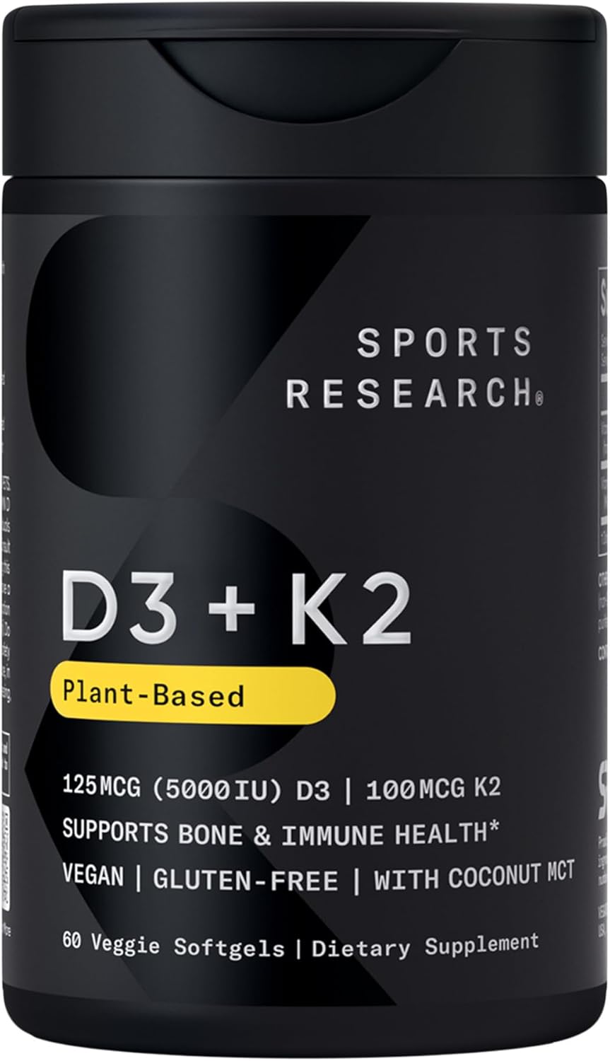 Sports Research Vitamin D3 + K2 with Coconut Oil – Vegan 5000 IU D3 & 100 mcg MK-7 K2 for Bone, Heart & Immune Support (60 Softgels)