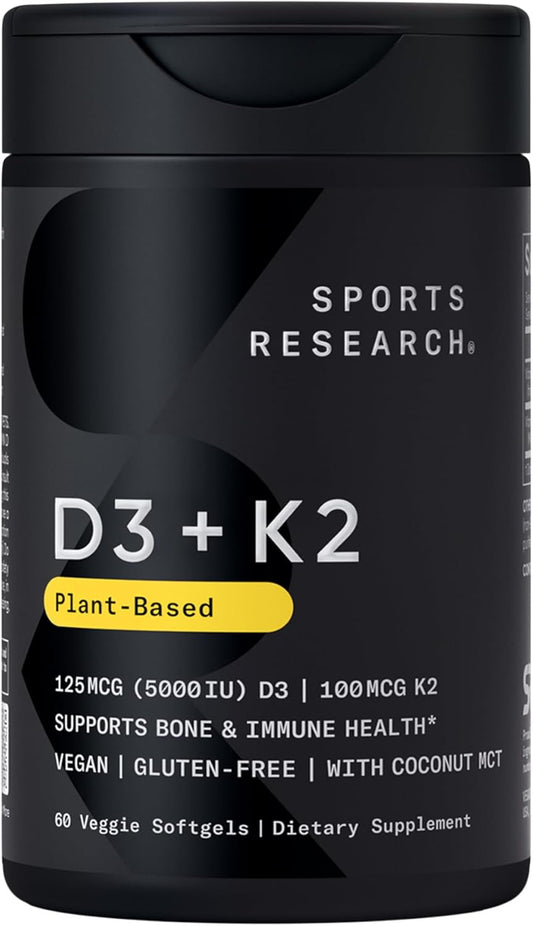 Sports Research Vitamin D3 + K2 with Coconut Oil – Vegan 5000 IU D3 & 100 mcg MK-7 K2 for Bone, Heart & Immune Support (60 Softgels)