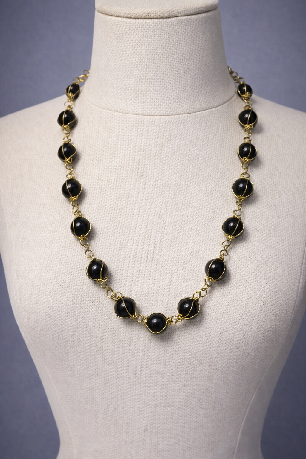 Black Onyx Wire-Wrapped Bead Necklace | 20" Handcrafted Gold Wire Caged 8mm Bead Statement Necklace for Women, Church & Formal Events