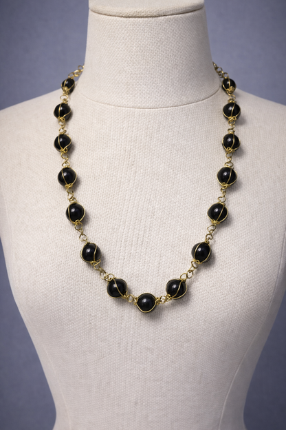 Black Onyx Wire-Wrapped Bead Necklace | 20" Handcrafted Gold Wire Caged 8mm Bead Statement Necklace for Women, Church & Formal Events