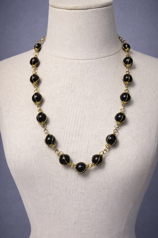 Black Onyx Wire-Wrapped Bead Necklace | 20" Handcrafted Gold Wire Caged 8mm Bead Statement Necklace for Women, Church & Formal Events